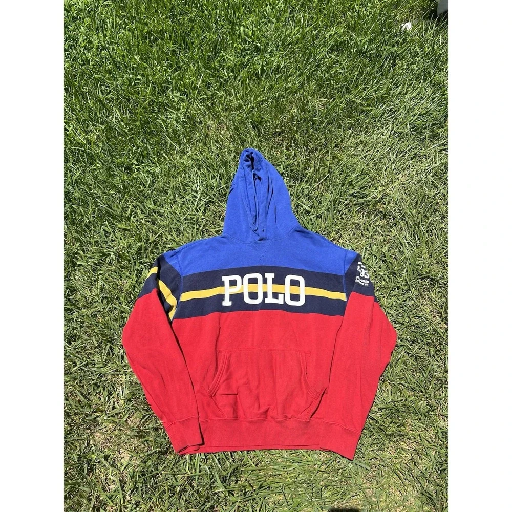 Polo Ralph Lauren Color Block Pullover LS Hoodie P-93 Men's Sz L Distressed